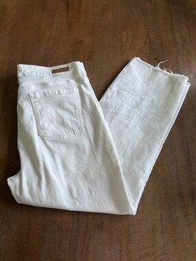 White Linen-Blend Straight Leg Crop Pants